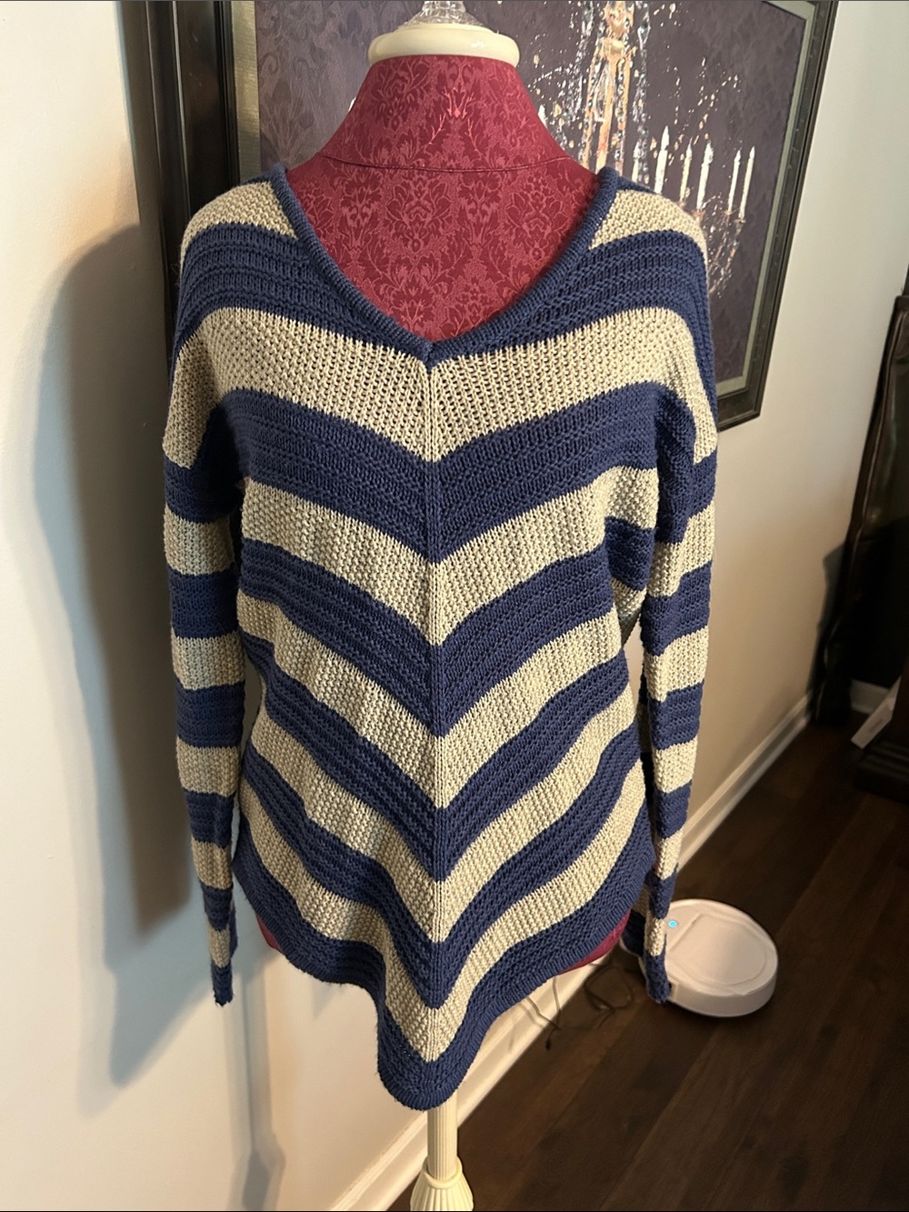 new directions Blue and Cream Striped V-Neck Sweater